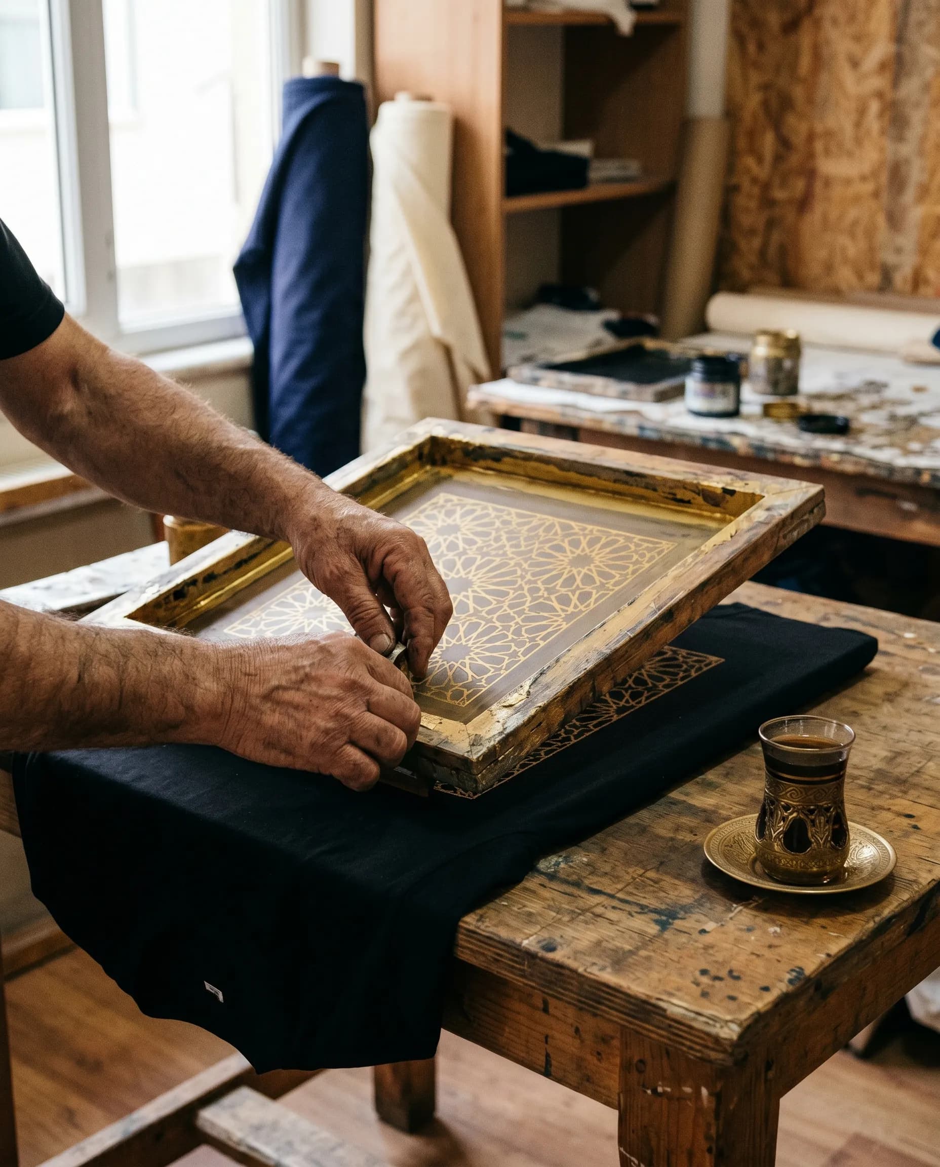 Hand screen-printing Persian pattern onto fabric